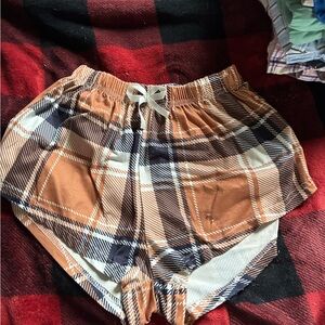 SHEIN Tan and Navy Plaid Athletic Shorts with Drawstring